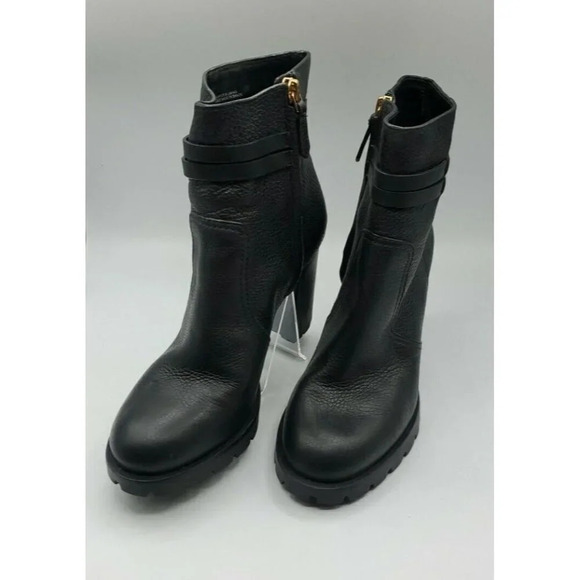 Tory Burch Leigh Black Leather Lug Sole With Logo Boots River Rock SZ 7.5   NWOB - Picture 2 of 13